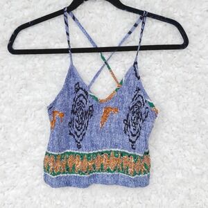 UNO Blue Cropped Cami Tank Top Criss Cross Back Seashells Dolphin‎ Boho Small S